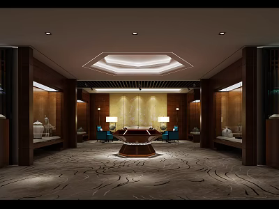 Luxurious Lobby Interior With Wooden Walls Geometric Ceiling Blue Sofas And Patterned Carpet 3d model