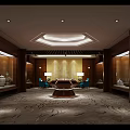 Luxurious Lobby Interior With Wooden Walls Geometric Ceiling Blue Sofas And Patterned Carpet