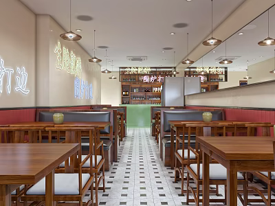Traditional Restaurant Interior With Wooden Tables Red Booths White Tiled Floor Mirrors And Pendant Lights 3d model