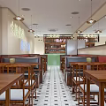 Traditional Restaurant Interior With Wooden Tables Red Booths White Tiled Floor Mirrors And Pendant Lights