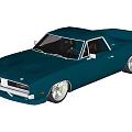 Blue Vintage Muscle Car With Yellow Rear Accents And Silver Wheels Styling On Dark Background