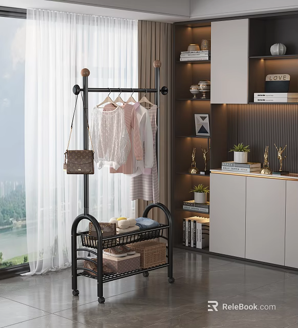 Modern Interior With Clothes Rack Hanging Garments Basket Storage Bookshelf Trophies And Curtains 3d model 