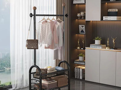Modern Interior With Clothes Rack Hanging Garments Basket Storage Bookshelf Trophies And Curtains 3d model