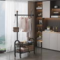 Modern Interior With Clothes Rack Hanging Garments Basket Storage Bookshelf Trophies And Curtains
