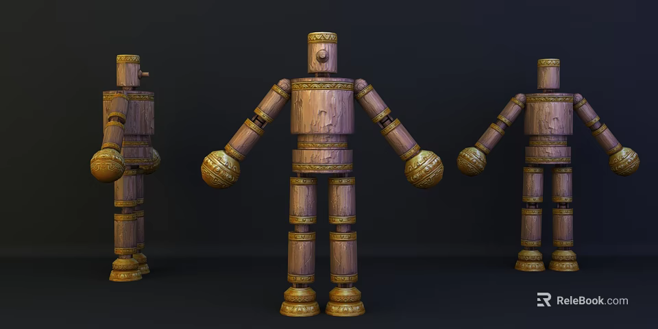Three Jointed Wooden Dolls With Golden Accents And Carved Details On Black Background 3d model 