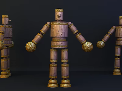 Three Jointed Wooden Dolls With Golden Accents And Carved Details On Black Background 3d model