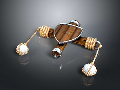 Traditional Weapon With Crossed Wooden Structure Rope Binding And Decorative Pearls 3d model