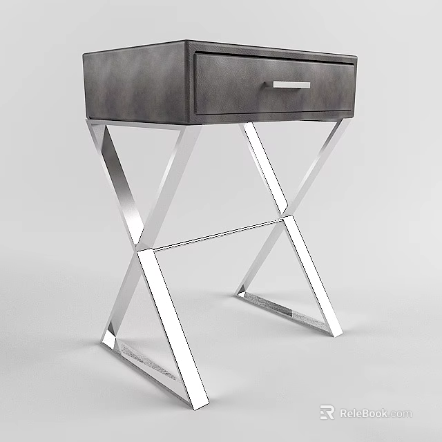 Modern Bedside Table With Gray Leather Top And Chrome X Shaped Metal Legs 3d model 