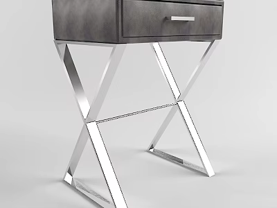 Modern Bedside Table With Gray Leather Top And Chrome X Shaped Metal Legs 3d model
