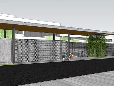 Modern Entrance Gate With Gray Brick Wall Yellow Roof Pedestrians And Green Plants 3d model
