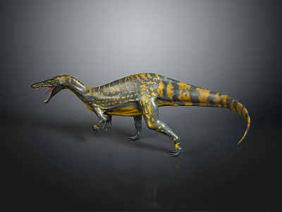 Realistic Dinosaur Model With Yellow And Black Striped Skin And Open Mouth 3d model