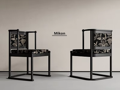 Elegant Black Frame Dining Chairs With Floral Pattern Backrest And Upholstered Seat 3d model