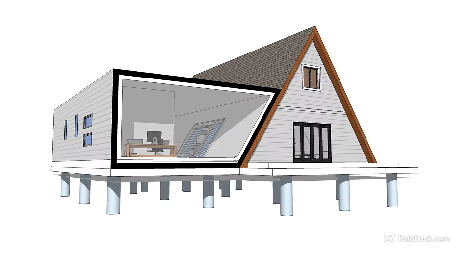 Modern Single Family Home Gabled Roof White Exterior Black Windows Elevated Stilts Home Office Space 3d model 