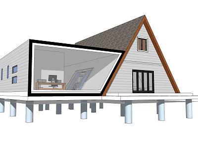 Modern Single Family Home Gabled Roof White Exterior Black Windows Elevated Stilts Home Office Space 3d model