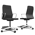 Black Leather Office Chair With Silver Armrests And Swivel Wheels Modern Design