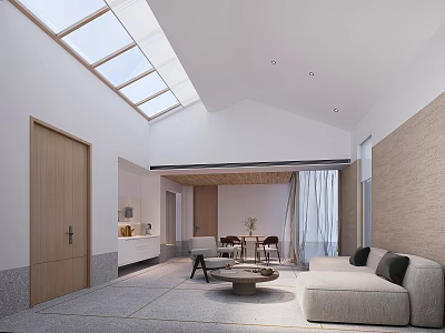 Modern Living Room Interior With Skylights Light Sofa Round Coffee Table And Woven Walls 3d model