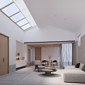 Modern Living Room Interior With Skylights Light Sofa Round Coffee Table And Woven Walls