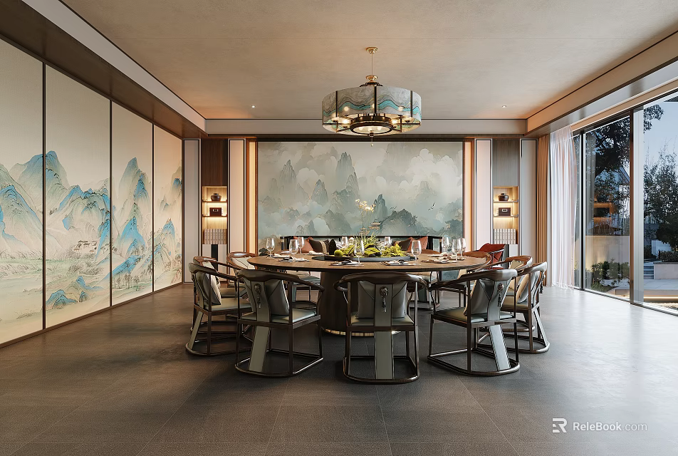 Traditional Chinese Private Dining Room With Round Table And Art 3d model 