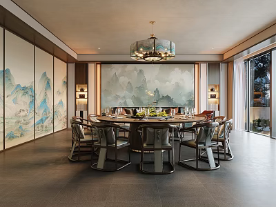 Traditional Chinese Private Dining Room With Round Table And Art 3d model