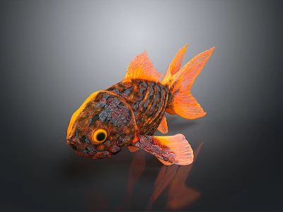 Orange And Black Goldfish With Large Flowing Tail Vibrant Scales On Dark Background Showing Reflection 3d model