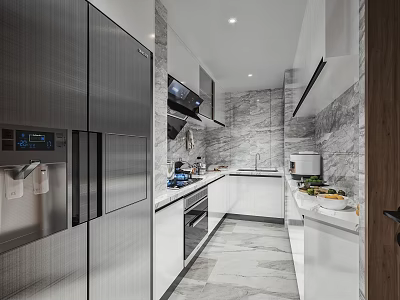 Modern Kitchen Interior With Stainless Steel Cabinets Marble Countertops And Appliances 3d model