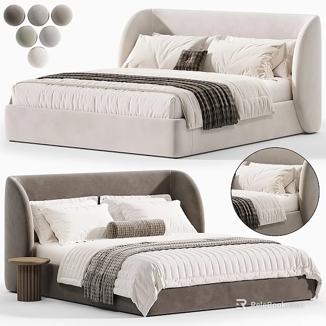 Beige Double Bed With Upholstered Headboard White Sheets And Striped Blanket 3d model 