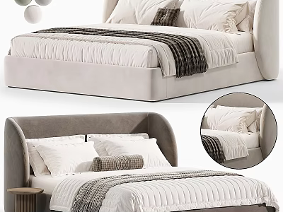 Beige Double Bed With Upholstered Headboard White Sheets And Striped Blanket 3d model