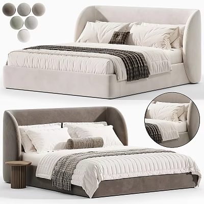 Beige Double Bed With Upholstered Headboard White Sheets And Striped Blanket 3d model