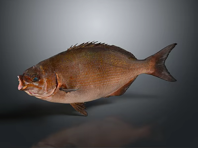 Whole Brown Fish with Scales and Fins on Dark Reflective Surface 3d model
