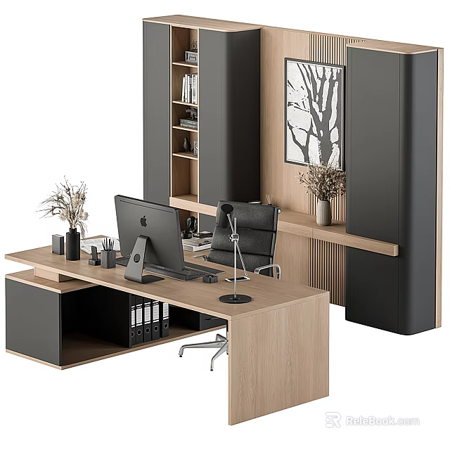 Wooden Office Desk With Computer Desk Lamp File Folders Bookshelf And Decorative Painting 3d model 