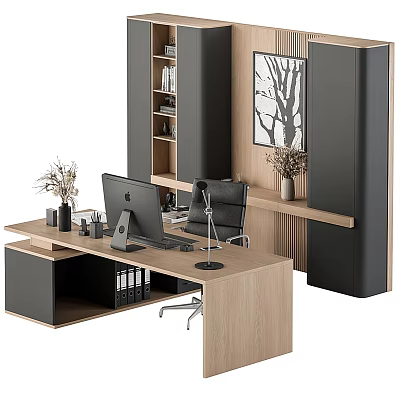 Wooden Office Desk With Computer Desk Lamp File Folders Bookshelf And Decorative Painting 3d model