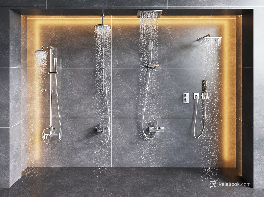 Modern Shower Heads with Handheld Sprayers on Gray Tiled Bathroom Wall with Warm Lighting 3d model 