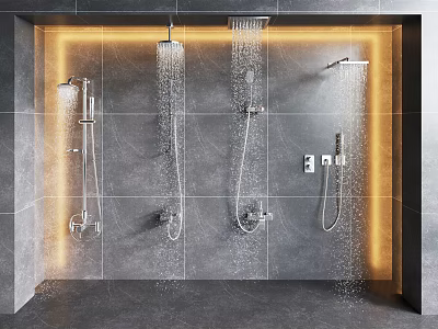 Modern Shower Heads with Handheld Sprayers on Gray Tiled Bathroom Wall with Warm Lighting 3d model