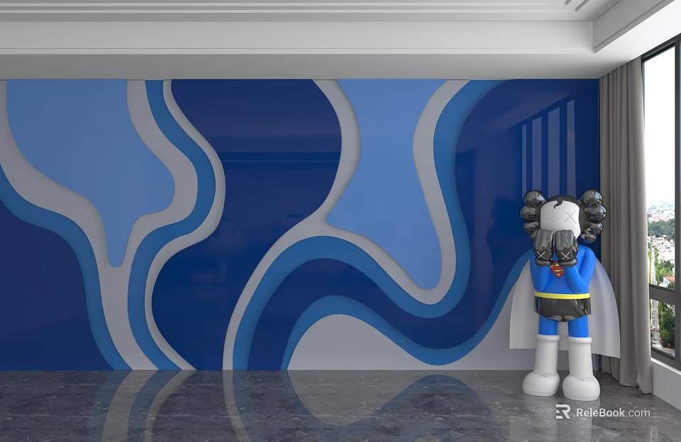 Modern Background Wall With Blue And White Wavy Pattern And Decorative Sculpture 3d model