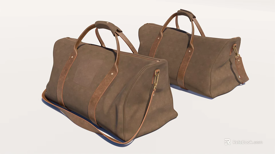 Stylish Brown Canvas Duffel Bags With Leather Handles Straps And Metal Zippers 3d model 