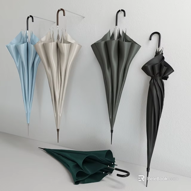 Various Colored Umbrellas Hanging On Wall With Folded And Placed Designs 3d model 