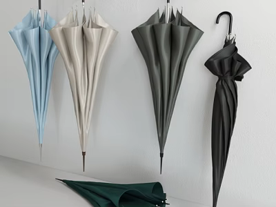 Various Colored Umbrellas Hanging On Wall With Folded And Placed Designs 3d model