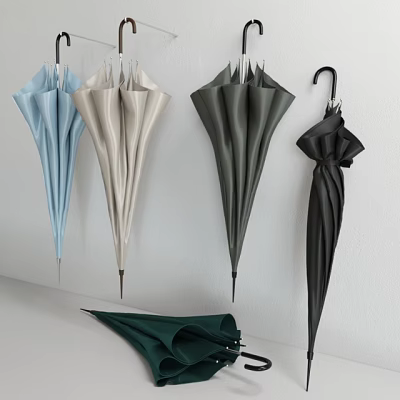 Various Colored Umbrellas Hanging On Wall With Folded And Placed Designs 3d model