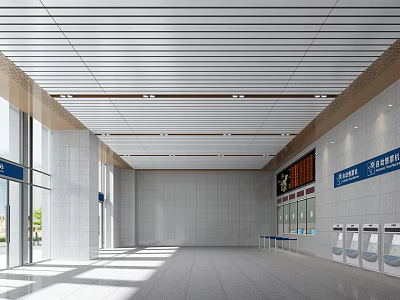 Modern Station Hall With Aluminum Strip Ceiling Gray Tiled Walls Glass Doors And Natural Light 3d model