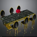 Elegant Dining Table Set With Green Marble Top Golden Frame Black Chairs And Red Flower