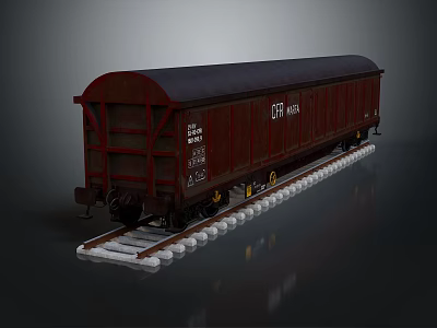 Red Train Carriage Parked On Railway Tracks With White Text And Numbers Against Dark Background 3d model