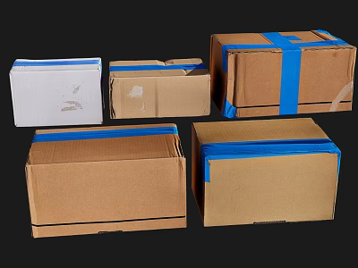 Multiple Brown And White Cartons Secured With Blue Tape In Various Sizes 3d model