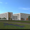 Modern school buildings with spacious green lawn multiple trees and purple flowers under blue sky