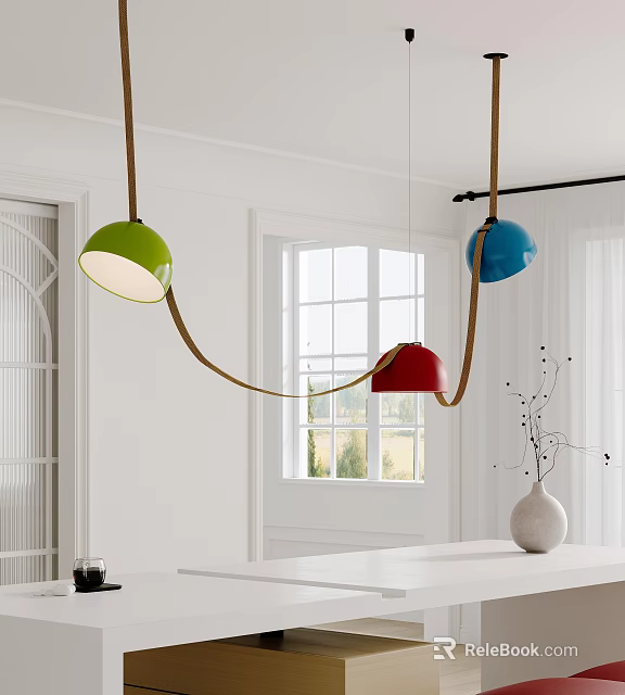 Green Blue Red Spherical Pendant Lights Hanging Over White Interior With Window And Vase 3d model 