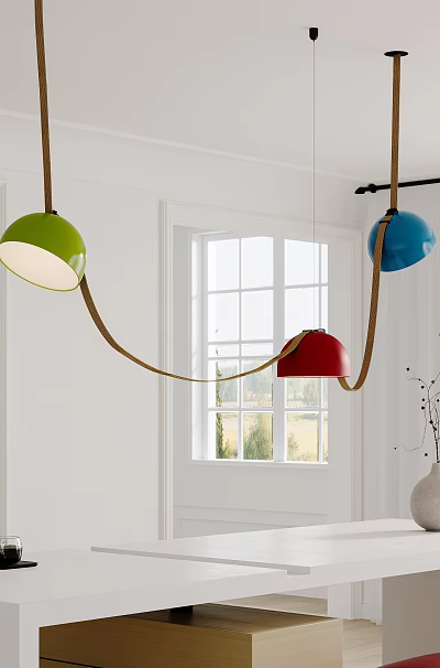 Green Blue Red Spherical Pendant Lights Hanging Over White Interior With Window And Vase 3d model