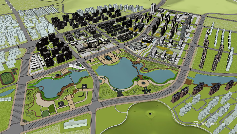 Detailed Urban Planning Aerial View With Lakes Parks Roads And Buildings 3d model 