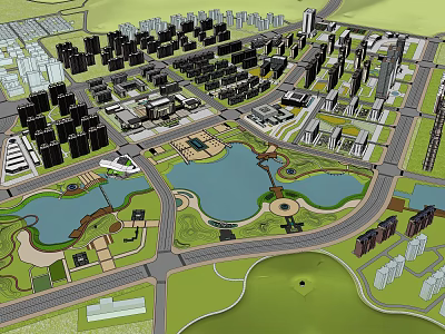 Detailed Urban Planning Aerial View With Lakes Parks Roads And Buildings 3d model