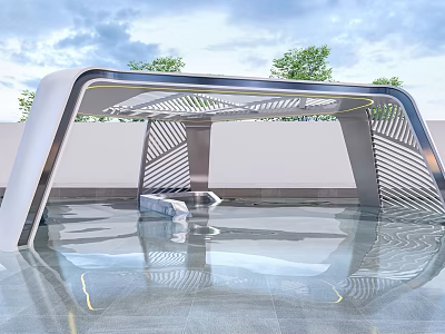 Modern Garden Landscape With Curved Lattice Structure Water Reflection And Surrounding Trees 3d model
