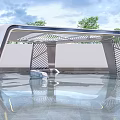 Modern Garden Landscape With Curved Lattice Structure Water Reflection And Surrounding Trees