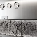 Modern Reception Desk With Three Clocks Metal Wall Rock Texture Countertop And Reception Sign